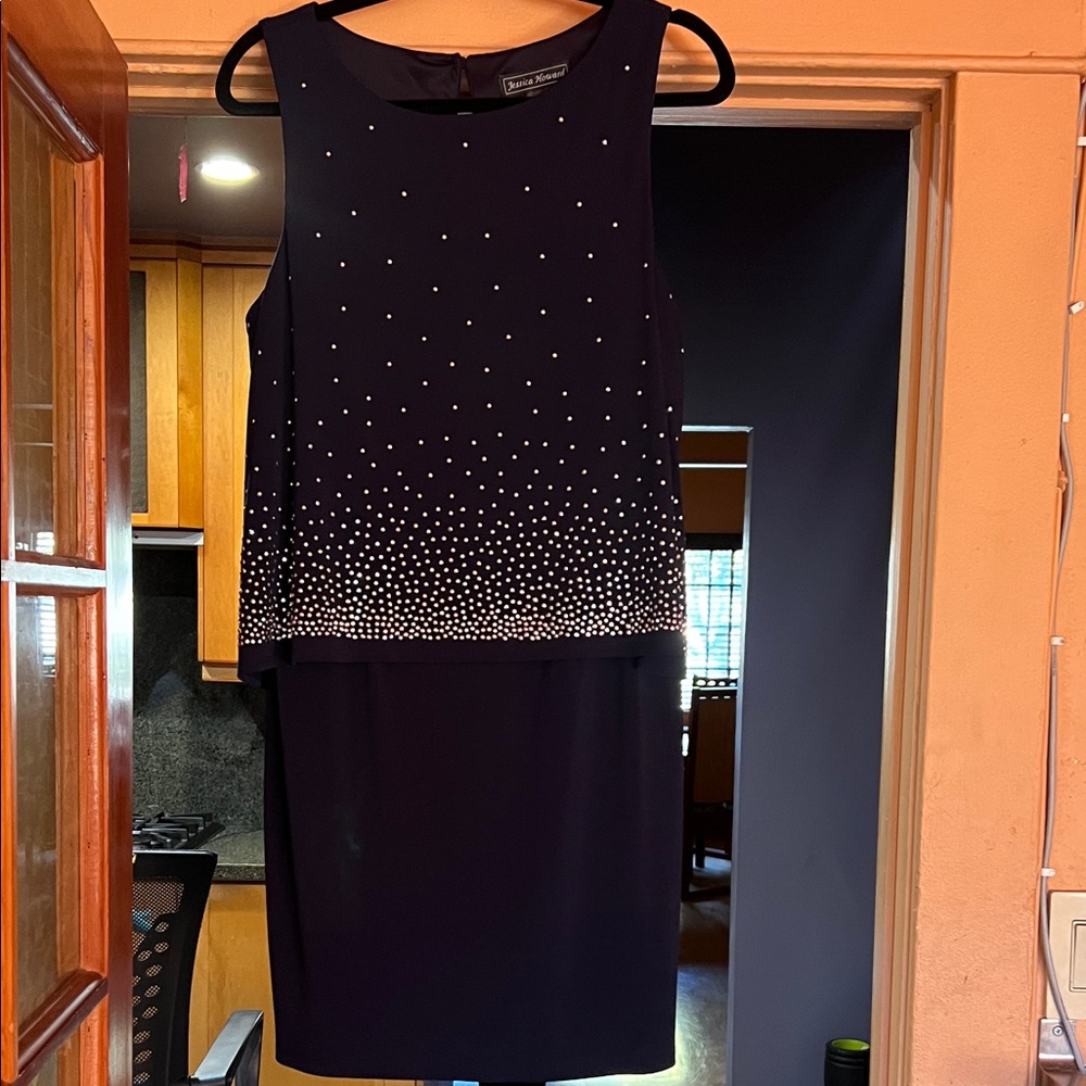Jessica Howard Dark Blue Midi Dress with Bead Accents